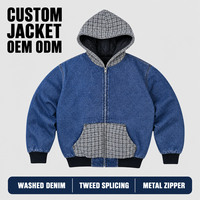 Blousons Homme Bleus Personnalisés en Jean Lavé Coton à Carreaux avec Capuche, Fermeture Éclair, Poche Kangourou, Poignets Côtelés et Doublure pour un Style Vintage Streetwear