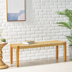 Hand-Crafted Acacia Wood Outdoor <strong>Bench</strong> - ANGIE <strong>Teak</strong> Patio Seating with Faux Rattan Seat - Product Image 3