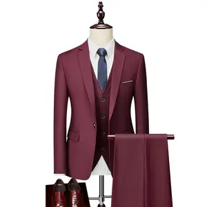 Fashion 3Pcs/Set (Jacket+Pants+Vest) Bridegroom Business Dress Wedding Suits Wine Red Suit for Men