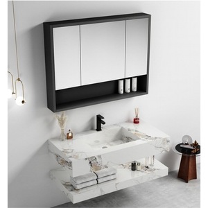 Mueble de baño de mármol blanco CR con lavabo integrado y espejo LED - Product Image 5