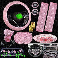 Ensemble d'accessoires de voiture en strass, housse de volant universelle rose, ensemble de décoration intérieure de voiture pour femmes et filles