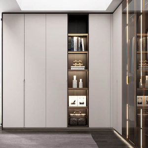 Armadio ad <span class=keywords><strong>angolo</strong></span> a forma di <span class=keywords><strong>L</strong></span>: porte in materiale misto, scaffalature aperte retroilluminate, nicchia di vanità integrata, moderna conservazione funzionale - Product Image 5