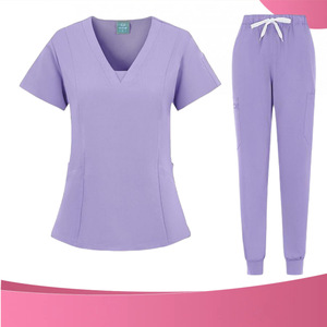 V Neck Short Sleeve Scrub Set Women's Hospital Uniform Knitted Moisture Wicking Split Set Pink Green Blue Purple - Product Image 2