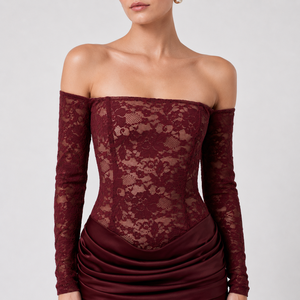 Abito <span class=keywords><strong>da</strong></span> <span class=keywords><strong>sera</strong></span> a sirena in raso <span class=keywords><strong>bordeaux</strong></span> con spalle scoperte, corsetto in pizzo floreale e maniche lunghe arricciate, personalizzato OEM/ODM, per donna, abito formale, produzione in fabbrica - Product Image 3