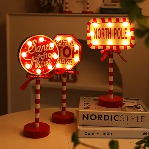 Retro Metalen Straatnaambord Vintage Herbruikbare Kerst Straatbord Feestelijke Led Lamp Met Kerstman Stop Hier Noordpool Letter Xmas