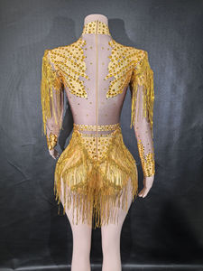 Costume de ballet jaune brillant à franges et fente haute pour chanteuse, robe de scène sexy pour spectacle de bar, costumes de performance - Product Image 2