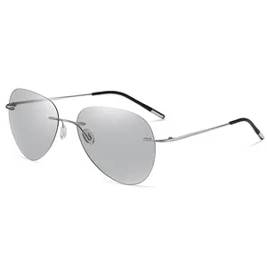 men logo photochromic polarized lens anti blue light blocking glasses oval rimless light weight titanium Sun shades sunglasses