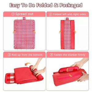Extra Large Waterproof Picnic Blanket, Classic Red Plaid Outdoor <b>Foldable</b> Camping <b>Beach</b> Blanket Roll-Up With Carry Handle - Product Image 4