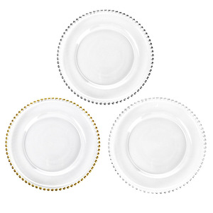 Assiettes rondes en verre transparent avec bordure dorée perlée, style européen, décorations <span class=keywords><strong>de</strong></span> <span class=keywords><strong>mariage</strong></span>, fête d'<span class=keywords><strong>anniversaire</strong></span>, emballage personnalisé, MOQ 100 pièces - Product Image 1