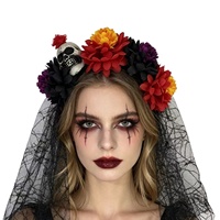 Serre-tête transfrontalier d'Halloween fait main en tissu avec fleurs artificielles, voile gothique coloré, coiffe pour le Jour des Morts et le Festival des Fantômes
