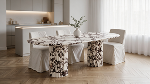 Table à manger ovale en marbre Calacatta Viola de luxe UnionStone, pierre naturelle polie, base en colonne cannelée pour salle à manger à domicile - Product Image 4