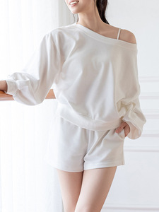 Aoyema-Conjunto de Sudadera y Pantalones Cortos para <span class=keywords><strong>Mujer</strong></span>, Ropa Personalizada de Manga Larga con Hombros Caídos, Gran Tamaño, 2 Piezas - Product Image 5