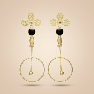 Artisan Botanical 3 Petal Flower Gemstone <b>Earrings</b> Gold Hammered Trefoil Black Onyx Fish <b>Charm</b> Circle <b>Hoop</b> Drop Wedding Ethnic - Product Image 3
