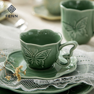 Fenn bán buôn tùy chỉnh Retro sáng tạo bướm mô hình dập nổi handmade sứ cốc cốc và chiếc đĩa đặt gốm cốc cà phê - Product Image 3