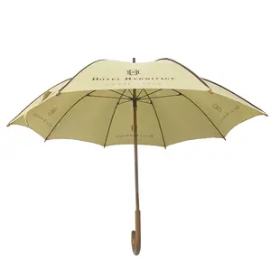 High Quality Auto Open Customized Logo Print Windproof Straight Umbrella With Wooden J Handle