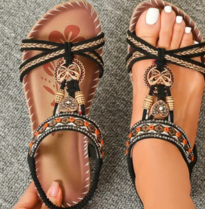 Calzado Casual de Moda para Mujer, Estilo Bohemio, con Cuentas y Lazo Decorativo, Punta Abierta, Correa en el Tobillo, Antideslizante, para Vacaciones - Product Image 1