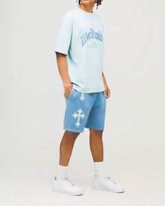 Ensemble T-shirt et short bleu surdimensionné avec appliqué croix, 2 pièces, survêtement homme, survêtements avec logo 3D pour homme - Product Image 1