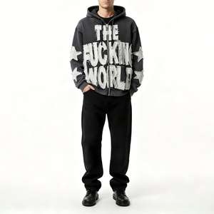 Commande en gros directe d'usine : Sweat à capuche unisexe surdimensionné avec fermeture éclair, broderie de lettres et patchs effilochés, en coton épais 400 g/m², pour tournées de concerts - Product Image 3