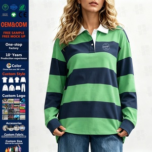 Custom Wholesale <strong>Lady</strong> Clothing Color Block Stand Collar <strong>Long</strong> <strong>Sleeve</strong> Button <strong>Polo</strong> Digital Print Stripe <strong>Polo</strong> <strong>Shirt</strong> for Women - Product Image 1
