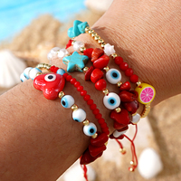 Go2boho Bracelet de perles de corail rouge à la mode serti de mauvais œil coeur étoile de mer plaqué or détaillant taille réglable pour cadeau