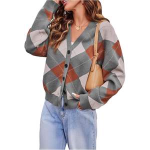 เสื้อคาร์ดิแกนลายสก็อตสำหรับผู้หญิง คอวี ติดกระดุม แขนยาว สไตล์ลำลอง ถักนิต สำหรับใส่ในฤดูใบไม้ร่วง - Product Image 3