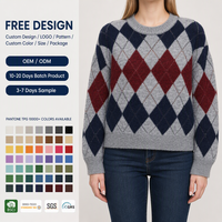 Pull en tricot Argyle personnalisé pour femme, col rond, gris, marine, bordeaux, mélangé, OEM ODM Factory