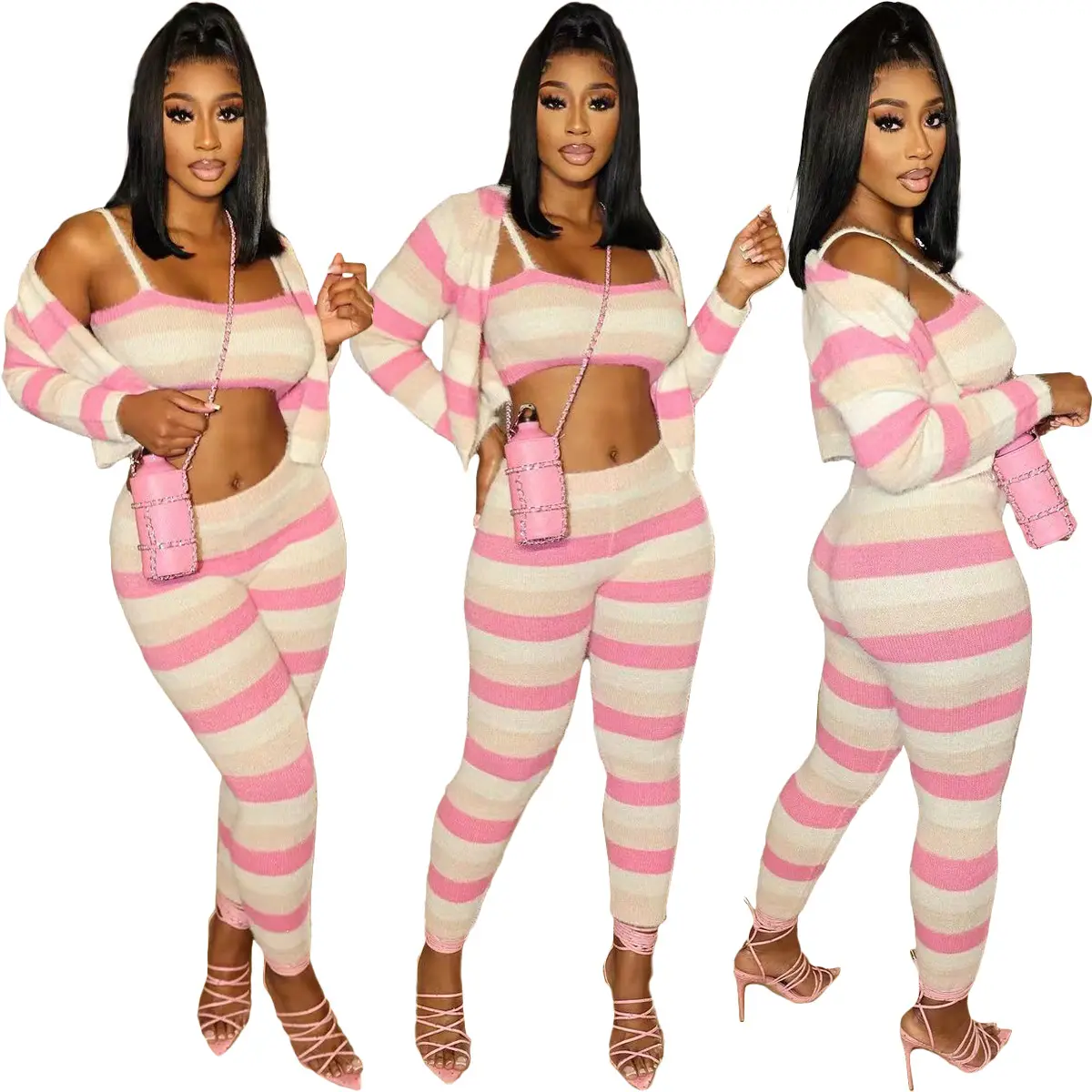Share Herbst Damen bekleidung Casual Street Wear Pink Gestricktes dreiteiliges Set Damen pullover Set