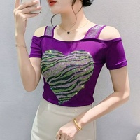 T-shirt personnalisé coloré pour femme, à épaules dénudées, orné de strass et de paillettes brillantes, à manches courtes, pour soirée et boîte de nuit