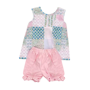Conjunto infantil para niña GSSO2732 rts, diseño de rayas azules y flores, venta al por mayor. - Product Image 4
