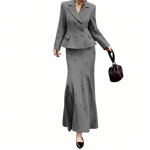 <strong>Light</strong> Gray Double-breasted Wrinkle-resistant V-neck Polyester/Cotton Suit Jacket Two-piece Pleated Long Skirt Set Women's Autumn - Product Image 1