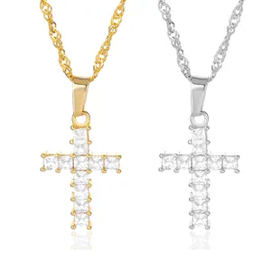 Simple Religious Christian Silver Gold Plated Stainless Steel Zircon Cross Couple Pendants Necklaces Jewelry For Women Men