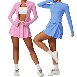Logo Kustom Musim Panas Slim Lengan Panjang Cepat Kering Spandex/Nilon Kerah Tegak Setelan Tenis Golf Dua Potong Wanita Jaket Ritsleting Rok - Product Image 1