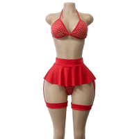 Tenue de strip-teaseuse AB avec strass, vêtements de danse exotiques personnalisés, ensemble 4 pièces, haut de bikini, mini-jupe, bretelles pour les jambes, tenue sexy pour les festivals de rave