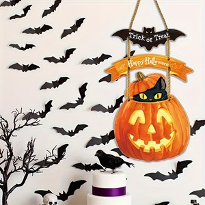 Decorazione da appendere per Halloween all'ingrosso: cartello gatto nero, pipistrello, Trick or Treat, in legno, per porta o parete, per feste e casa - Product Image 5