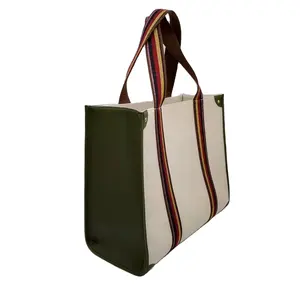 2022 Customized logo reusable fashion shoulder shopper canvas laptop bag Woman leather Canvas tote bag supplier Striped Handbags