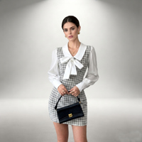 Robe mini décontractée élégante et romantique pour femme, à manches longues, effet deux-pièces, en tricot à carreaux color block, avec nœud, lavable, boutonnée