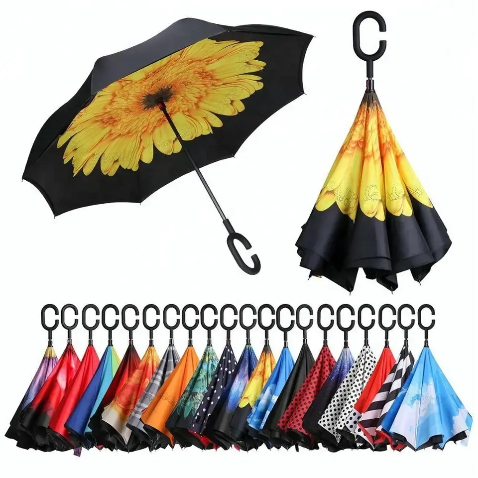 Custom Logo Printed Sunflower Reversible Umbrella With c Handle Cheap Umbrella