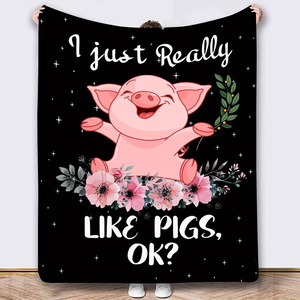 Couverture en peluche à imprimé cochon de dessin animé, noire avec fleurs et étoiles, style moderne pour la maison, quatre saisons - Product Image 1