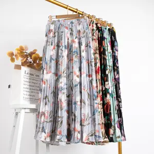 Женская плиссированная юбка Y402028 с цветочным принтом, винтажная шифоновая Длинная пляжная юбка средней длины с высокой талией, весна-лето