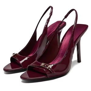 Sandalias de Tacón Alto y Punta Redonda para Mujer, Elegantes y Sensuales, de Charol Color Vino, Sandalias de Lujo para Mujer - Product Image 1