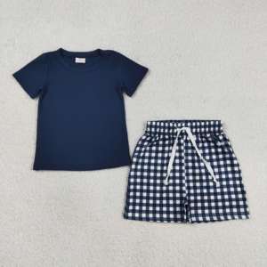 Set di T-shirt blu basic e pantaloncini blu a quadretti per bambini, comodo completo con pantaloncini per bambini con elastico in vita per il gioco quotidiano, disponibile in magazzino - Product Image 2