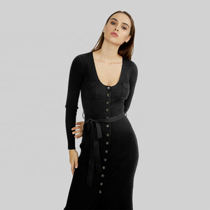 KD Custom Knit maglione produttore collo basso donna doppio petto cintura nera <span class=keywords><strong>abito</strong></span> manica signore aderente Midi maglione vestito - Product Image 2