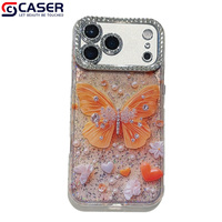 Coque de téléphone portable haut de gamme avec cadre d'objectif d'appareil photo en diamant papillon perlé orange scintillant pour iPhone 14-17 Pro/promax
