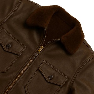 Brown Genuine <b>Leather</b> Tanned Eco-Friendly Aviator Jacket <b>Men</b> Stand Collar Zipper Closure <b>Bomber</b> Style Winter Outerwear Polyester - Product Image 3