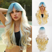 Wig sintetis gelombang alami warna biru putih kuning ombre 30 inci, tahan panas, serat fiber, untuk acara sepak bola & zona penggemar