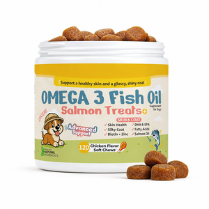 Complément alimentaire pour chiens Omega 3 à base d'huile <span class=keywords><strong>de</strong></span> saumon, sous forme <span class=keywords><strong>de</strong></span> bouchées molles, pour la peau et le pelage, enrichi en biotine, zinc, DHA, EPA et acides gras, marque privée, 120 unités, saveur poulet - Product Image 1