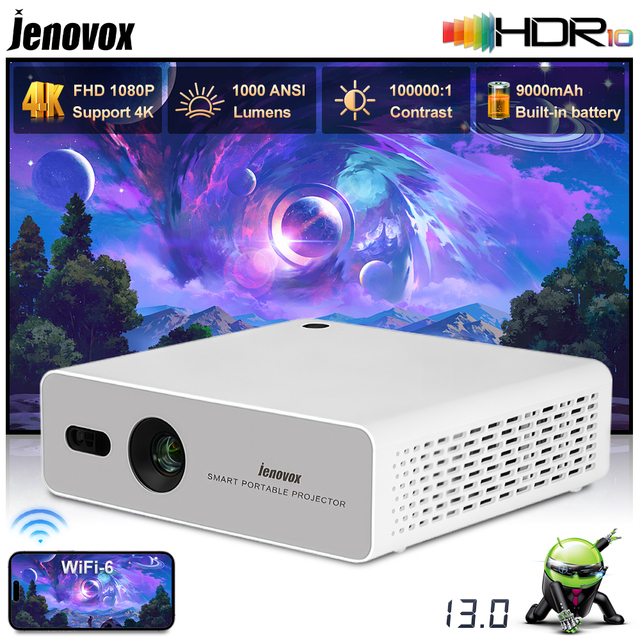 Jenovox M5000 Mini Built-in Battery DLP Projector Short Throw Smart 4K Video HDR Home Theater Portable Camp Business Proyector