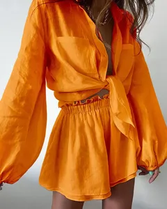 Pantaloncini estivi di tendenza da <span class=keywords><strong>donna</strong></span> e camicie a maniche di lanterna 2 pezzi in tessuto termico a maglia per le vacanze set di abbigliamento da casa - Product Image 4