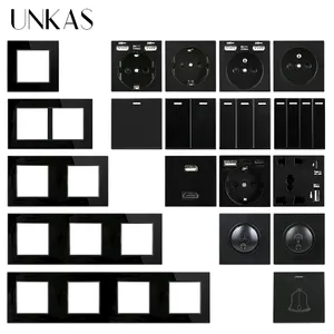 UNKAS Black Glass Panel DIY Free Combination Type C French EU Socket Dual USB 1 2 3 4 Gang 1/2 Way On / Off Push Button Switch