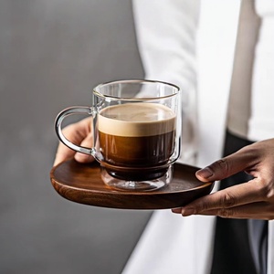 Mug en verre cristal à <span class=keywords><strong>double</strong></span> <span class=keywords><strong>paroi</strong></span> avec poignée - Isolation thermique Assiette en bois assortie Style victorien Motif de Noël pour café/thé - Product Image 2